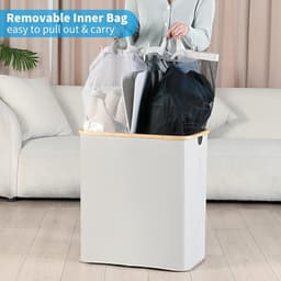 Wasmand - Opbergmand - Sorteren Wasgoed - Opvouwbaar Bamboe Frame - 75 cm Hoog - Wit — thumbnail 4