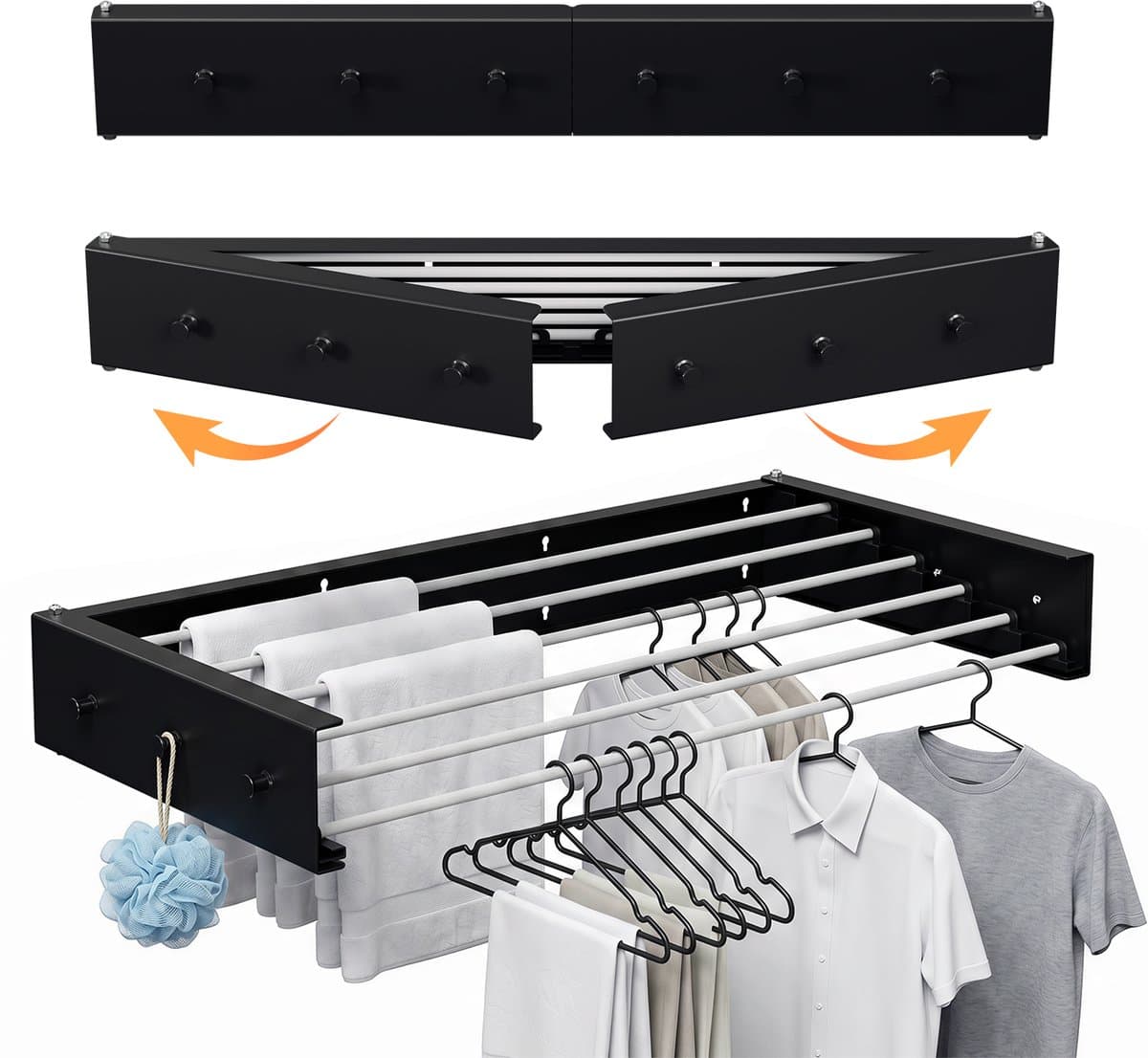 Wanddroogrek 100 cm - Wasrek Inklapbaar - 6 Droogstangen - Wasrek Hangend - Droogrek - Inklapbaar Droogrek - Droogrek Muur - Zwart — afbeelding 1