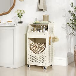 SureDeal® - Wasmand - Traps Waskar Opvouwbare - Vergrendelbare Wielen Mand - 40x30x78 cm - Beige — thumbnail 4