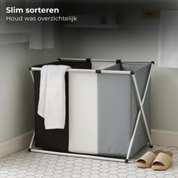 Lomera Wasmand 3 Vakken - Wassorteerder - Aluminium En Katoen - Afneembare Waszak - Draaghengsel - Insteekvakken - Laundry Basket - Wasmand Met Klittenbandsluiting — thumbnail 2