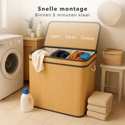 Cheqo® Wasmand 3 Vakken - Wassorteerder - Bamboe Materiaal - Uitneembare Waszak - Licht Donker Kleur - 100 Liter Inhoud - Naturel Kleur - Wasbare Binnenzak - Wasgoed Organizer - Gescheiden Was — thumbnail 3