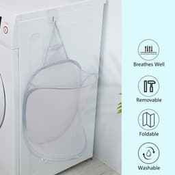 2-stuks Hangende wasmand - Opvouwbare wasmand van gaas - Opbergtas voor aan de muur - Met haak - Gemakkelijk te gebruiken - Ruimtebesparend - Geschikt voor het opbergen van vuile was thuis, kampeertrips, hotels - Wit — thumbnail 2