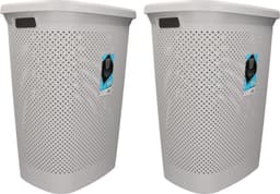 Wasmand - 2x - met deksel - grijs - 60 liter - kunststof - wasmanden - Huishoudelijke producten — thumbnail 1