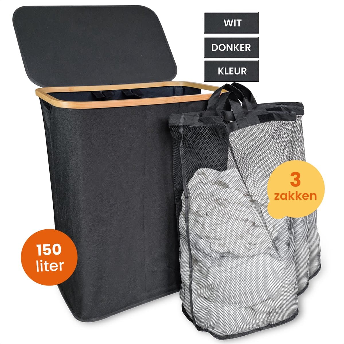 Goliving Wassorteerder 3 Vakken - 150L - Opvouwbare Wasmand Met Deksel - 3 Uitneembare Zakken Met Kleurlabels - 57 x 37 x 66 cm - Zwart — afbeelding 1
