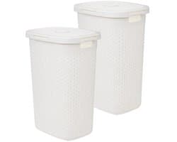 5Five Wasmand met deksel Rotan - 2x - wit - gevlochten kunststof - 60 liter - 45 x 35 x 66 cm