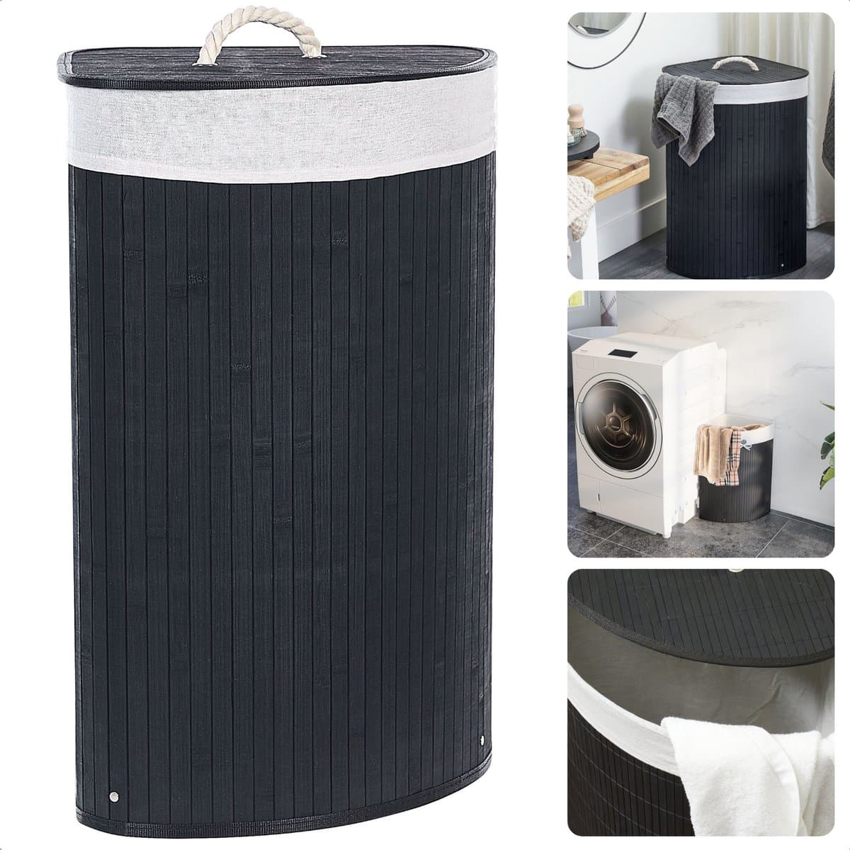 Bamboe Wasmand met Waszak - Hoekmodel - Wassorteerder Opvouwbaar 72L - Zwart - Met Deksel en Binnenzak - Inclusief EBOOK — afbeelding 1