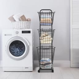 Wasmand op wieltjes - Wasopslag mand - Vuile was sorteren - Drie aparte vakken - 123 cm hoog - zwart — thumbnail 3