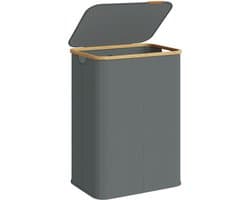 SONGMICS LCB519GN01 - Wasmand met Deksel - 2 Compartimenten - Opvouwbaar en Bamboe Frame