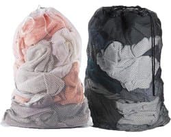 MK Stoer -Wasmachinetas - Herbruikbare waszak - Extra groot - Trekkoord - Kleding opbergen - Geschikt voor wasmachine - Wit/Zwart - 2 stuks grote wasmachinetassen, 60 x 90 cm, herbruikbare reistas met trekkoord, opbergzak voor kleding.