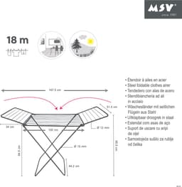 MSV Droogrek Wasdroger - 18m Drooglengte - Opvouwbaar Wasrek - Ruimtebesparend Droogrek - Ideaal voor Delicate Was - 137x60x92cm - Zwart Staal — thumbnail 3