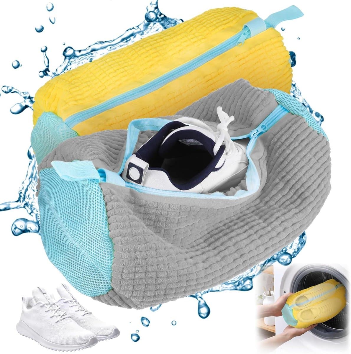Schoenwaszak voor wasmachine - 2 kleurencombinaties - met ritssluiting - waszak voor gymschoenen, tennisschoenen - geel en grijs — afbeelding 1
