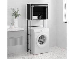 Hoge Badkamerkast Boven Wasmachine - Opbergrek met 2 Planken en Gordijn - Zwart