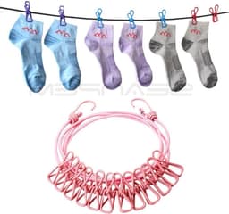 Elastische Kledinglijn - Draagbare Waslijn - Reizen en Buiten - Met 12 Knijpers - Tot 380 cm - Roze — thumbnail 1