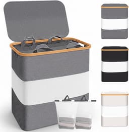 2 vakken, 102 l, XL, met deksel, opvouwbare wasmand met zijvak, uitneembare waszak, bamboerand, waterdicht, vuile wasmand voor slaapkamer, badkamer, grijs — thumbnail 1