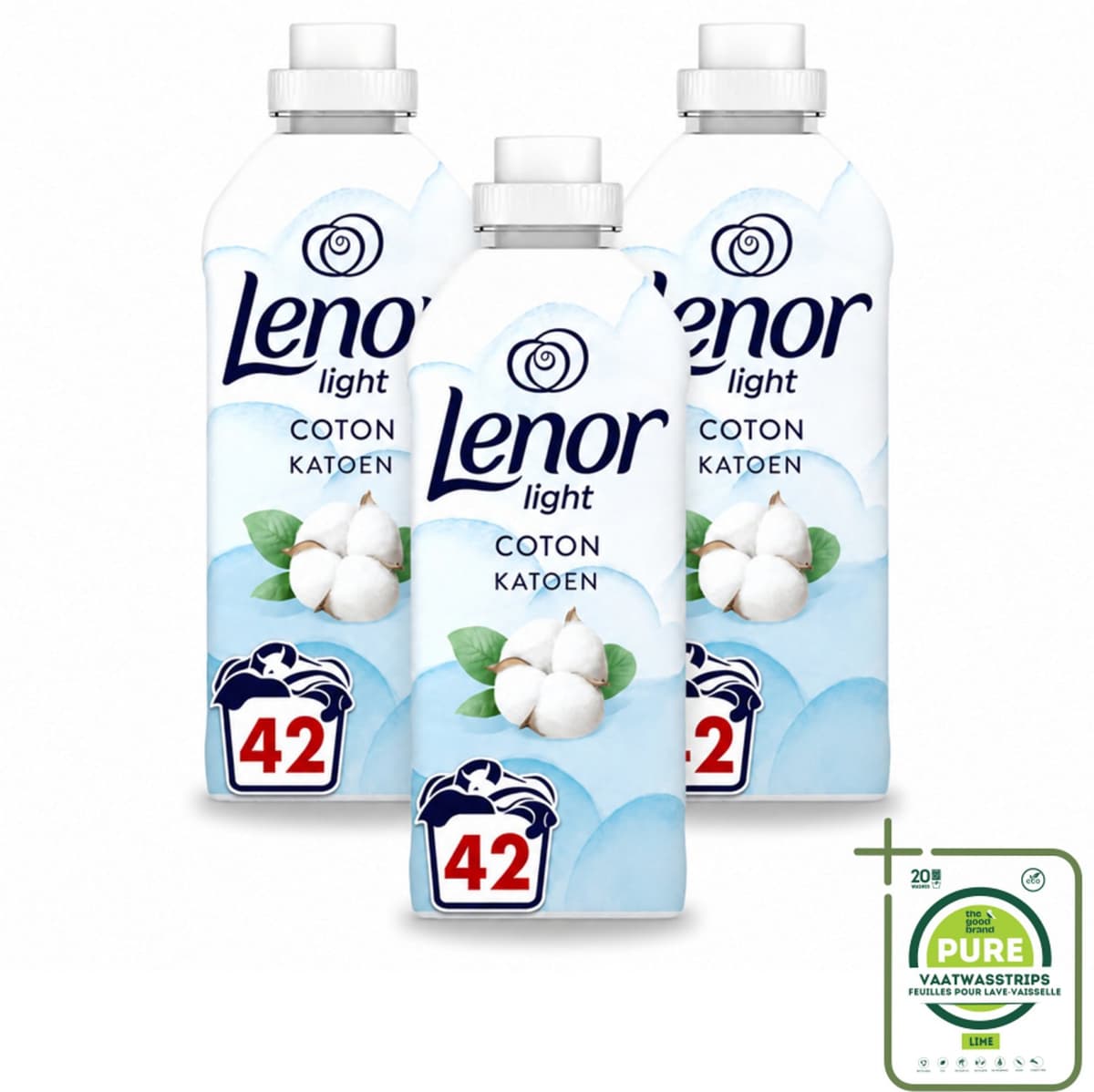 3 x Lenor Light - Wasverzachter - Katoen - Fris & Zacht - 42 Wasbeurten - Grootverpakking - Vaatwasstrips - Wasverzachter Katoen - Wasverzachter Fris - Wasverzachter Katoen Bloesem - Wasverzachter Milde Geur - Wasverzachter 0% Kleurstoffen — afbeelding 1