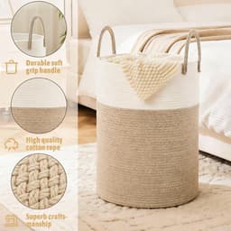 Decoratieve Gevlochten Katoenen Touwmand - 50L Hoge Wasmand, Dekenmand voor de Woonkamer, Opbergmand voor Speelgoed, Handdoeken, Plaids en Kussens - 38x52 cm — thumbnail 2