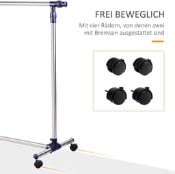 Kledingrek - verstelbaar - Met Rollen + Uittrekbare Stang - Praktisch & Mobiel - RVS - Zilver — thumbnail 4