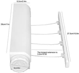 Dailygoods- Droogrek Ruimtebesparend - Intrekbare Waslijn - Uitschuifbaar tot 3,2 m - 4/5 Draad - Voor Binnen/Buiten - Max. 8 kg belastbaar — thumbnail 2