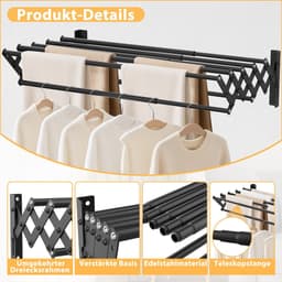 Dailygoods- Wanddroogrek roestvrij staal - Uittrekbaar 42-80 cm - Draagvermogen 26 kg - Zeven droogstangen - Ideaal voor binnen/buiten - Wasdroogrek — thumbnail 5