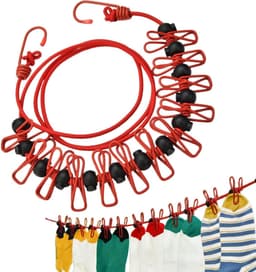 Waslijn met Clips - Reiswaslijn - Kleding Drogen - Winddicht Antislip - Tot 3.7 Meter - Rood — thumbnail 1