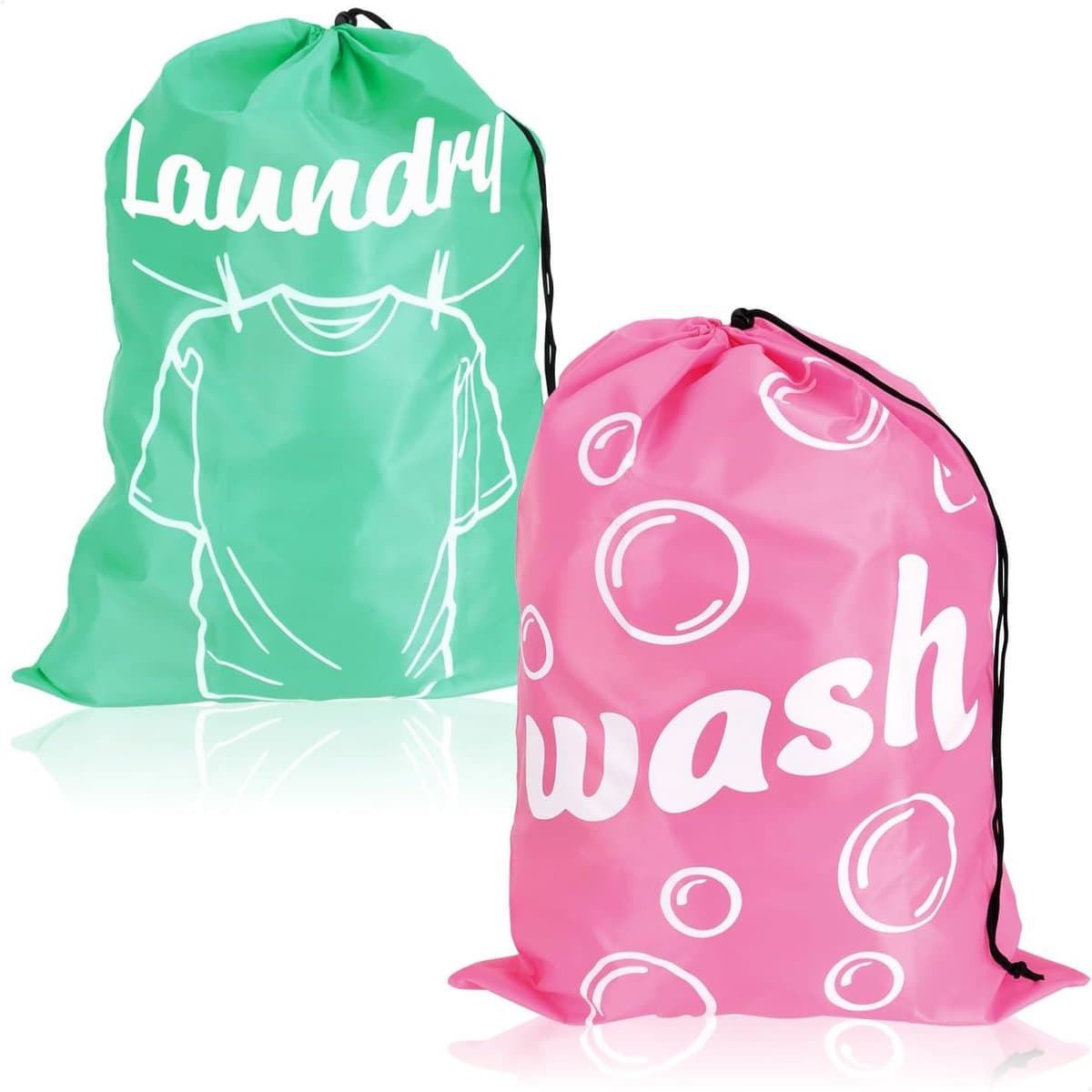 com-four 2 x waszak voor reizen, opvouwbare wasverzamelaar met trekkoord, 69 x 50 cm (02 stuks, mintgroen/roze) — afbeelding 1