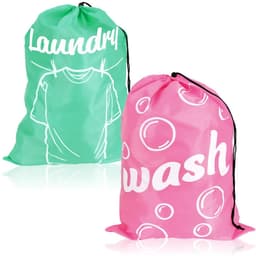 com-four 2 x waszak voor reizen, opvouwbare wasverzamelaar met trekkoord, 69 x 50 cm (02 stuks, mintgroen/roze) — thumbnail 1