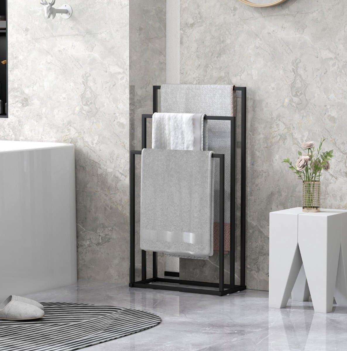 MEUNIQ staand handdoekrek 45 x 21,5 x 85 cm met 3 stangen, vrijstaand droogrek van staal voor badkamer, slaapkamer of wasruimte, zwart — afbeelding 1