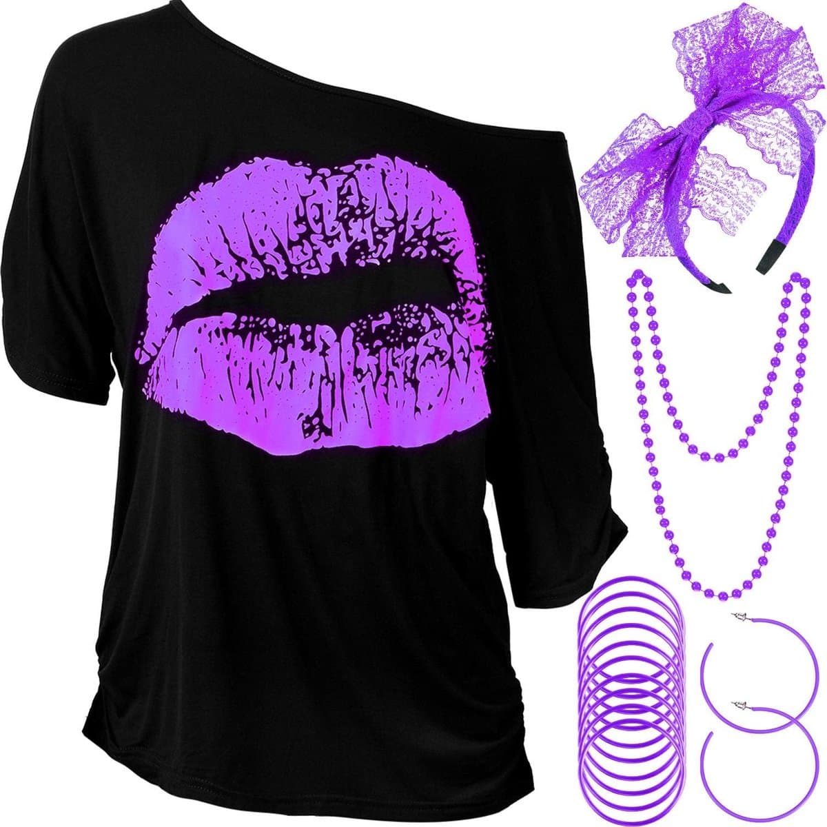 jaren 80 Kostuum Accessoires Set, Lips Print T-Shirt Kant Hoofdband Oorbellen Ketting Armband voor 80s Thema Party (Paars, XXL) — afbeelding 1