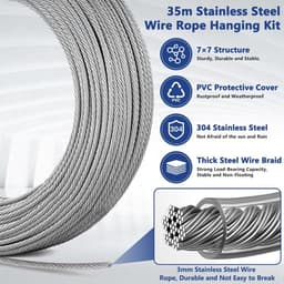 SnelShoppen - 35M 3mm Roestvrij Staal Staalkabel Kit met 74 Stuks Oogjes, Touwspanner en Spanschroef voor Trellis, Verlichting, Waslijn en Gordijn Oph — thumbnail 3