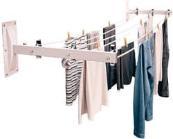 Wandwaslijn - Wasrek buiten - Kleding drogen - Zes roestvrij staal katrollen - 45 cm breed - Wit