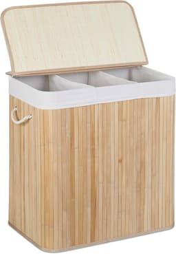 wassorteerder met 3 vakken, wasmand met deksel, rechthoekig, HBD: 62 x 62,5 x 42,5 cm, bamboe, natuur/wit — thumbnail 2