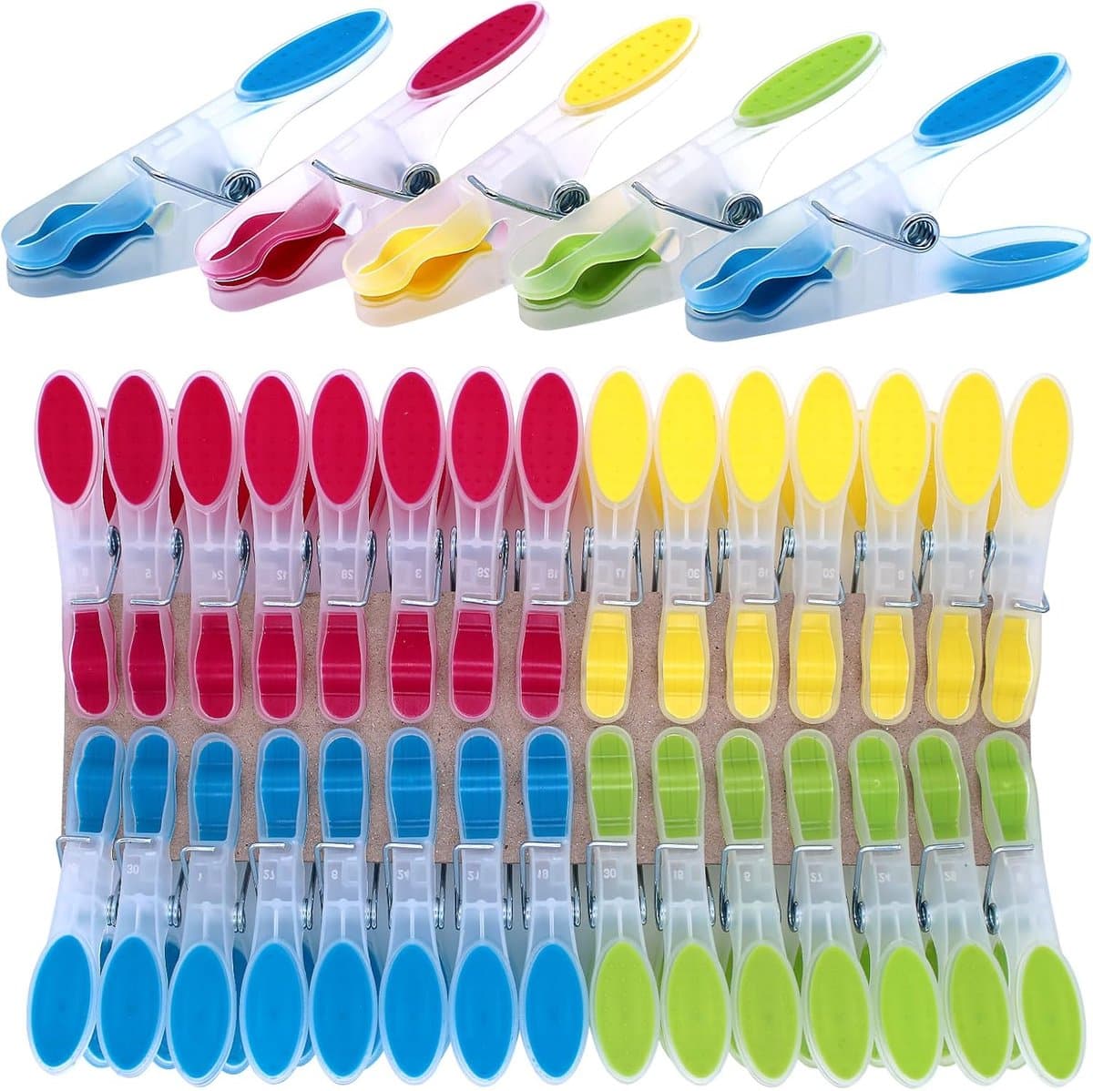 SnelShoppen - 30 Stuks Kleurige Wasknijpers - Weerbestendige Plastic Klemmen met Softgrip voor Kleding, Handdoeken, Sokken - 8.3 x 4 cm in Blauw, Geel — afbeelding 1