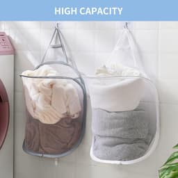 2-stuks Hangende wasmand - Opvouwbare wasmand van gaas - Opbergtas voor aan de muur - Met haak - Gemakkelijk te gebruiken - Ruimtebesparend - Geschikt voor het opbergen van vuile was thuis, kampeertrips, hotels - Wit — thumbnail 4