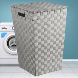 Wasmanden met deksel - 60 Liter - Geweven wasmand - Wasbox met optil deksel - Polypropyleen - Afm 33x33x53 Cm - Grijs — thumbnail 2