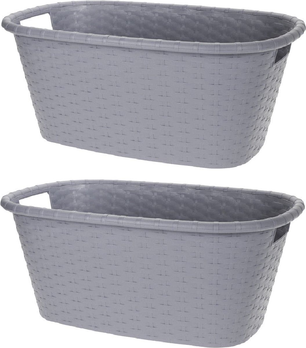 2x Grijze wasmanden 35 liter 60 x 40 x 25 cm - Kunststof/plastic draagmand - De was doen huishoudartikelen - Wasmanden/wasgoedmanden — afbeelding 1