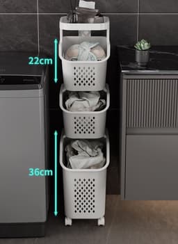 iBright Wassorteerder – Smalle Wasmand met 3 vakken - Op wieltjes - Staande wasbox - 3 Lagen - Wit — thumbnail 3