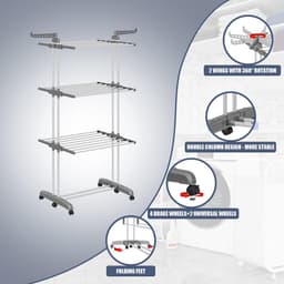 Wasrek Hoog - Toren Droogrek - Opvouwbaar Wasrek Met 6 Opvouwbare Vleugels Op 3 Niveaus - Uitschuifbaar - Lengte 66-130 Cm - Opvouwbare Poten Besparen Ruimte Binnen En Buiten Het Huis - (Grijs) — thumbnail 3