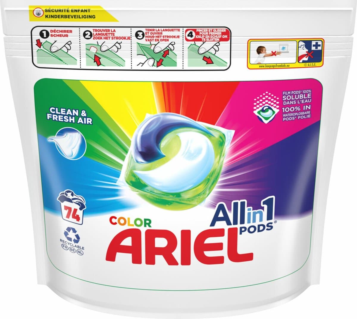 Ariel All-in-1 Pods Wasmiddelcapsules Color Clean & Fresh Air 74 stuks — afbeelding 1