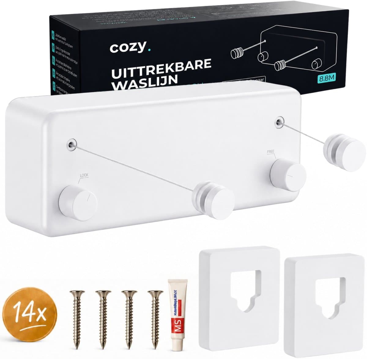cozy.® Waslijn Uittrekbaar - Waslijndraad met stalen kern - Ook zonder boren - Wasdraad - Roldrooglijn - Drooglijn - Ruimtebesparend - 8.4 m (2x 4.2m) Drooglengte - Binnen en Buiten - Wit — afbeelding 1