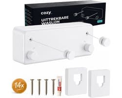 cozy.® Waslijn Uittrekbaar - Waslijndraad met stalen kern - Ook zonder boren - Wasdraad - Roldrooglijn - Drooglijn - Ruimtebesparend - 8.4 m (2x 4.2m) Drooglengte - Binnen en Buiten - Wit — afbeelding 1