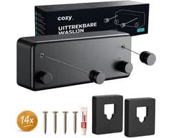 cozy.® Waslijn Uittrekbaar - Waslijndraad met stalen kern - Ook zonder boren - Wasdraad - Roldrooglijn - Drooglijn - Ruimtebesparend - 8.4 m (2x 4.2m) Drooglengte - Binnen en Buiten - Zwart — afbeelding 1
