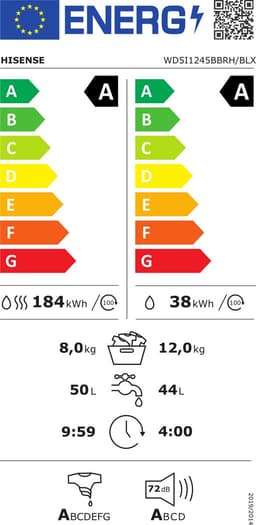 HISENSE WD5I1245BBRH/BLX - Was-droogcombinatie - 12 kg + 8 kg - 1400 rpm - 72 dB — thumbnail 2