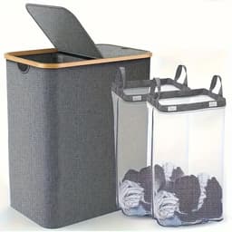 Seth Select Grote Wasmand 150 Liter – Dubbele Sorteermand – Met Bamboe Handgrepen – Grijs — thumbnail 1