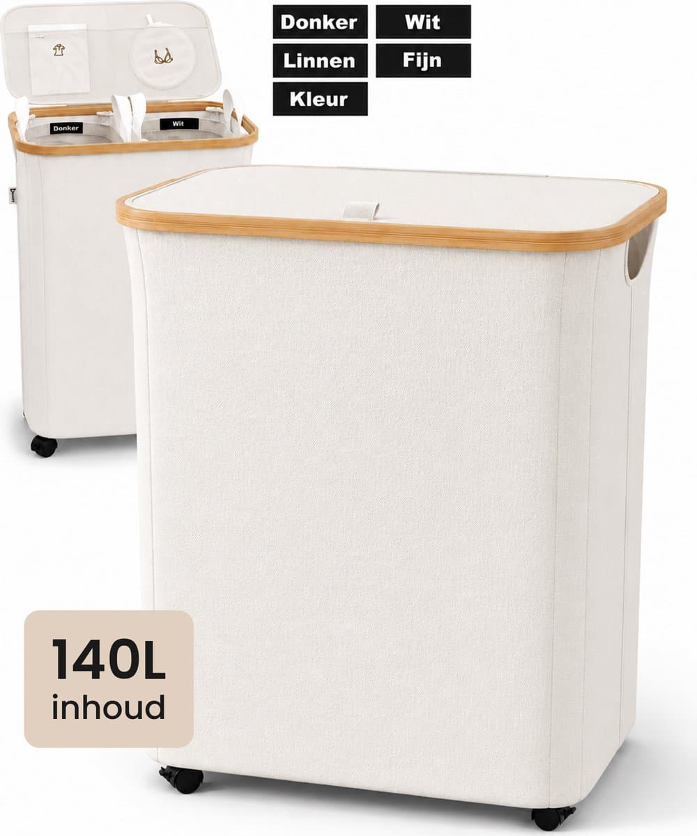 Wasmand 2 Vakken - Wassorteerder met Deksel - Wasbox op Wielen - 140L — afbeelding 1