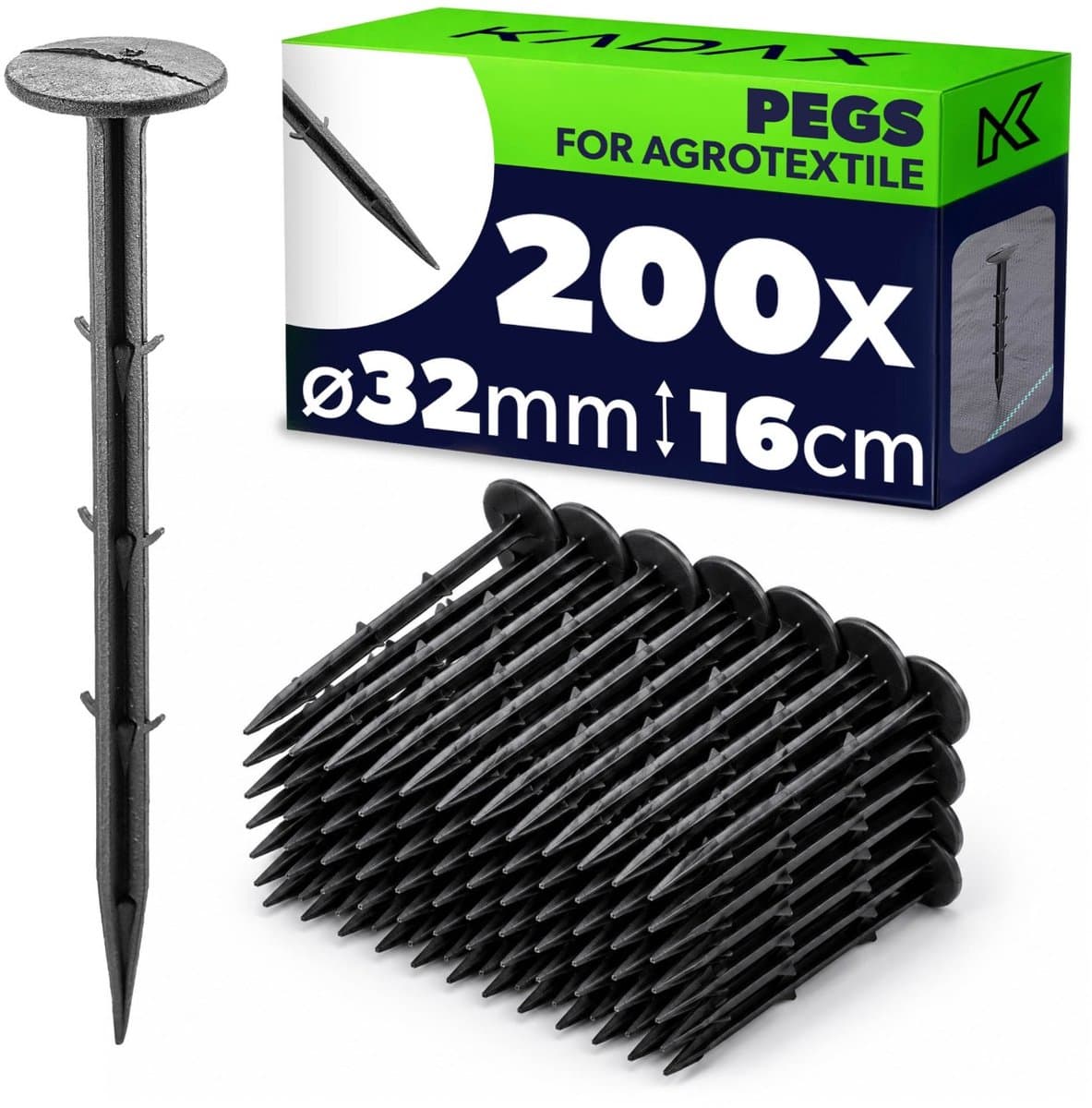 KADAX 200 stuks kunststof grondpennen – 16 cm lange grondankers met een kopdiameter van 32 mm – grondankers voor het bevestigen van tuinvlies en onkruidvlies in de tuin — afbeelding 1