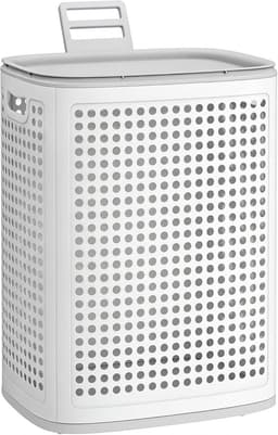 SONGMICS wasmand met deksel, wasbak plastic, 75 L, wasbak smal, wasbox ruimtebesparend, voor badkamer, wasruimte, slaapkamer, wit-grijs RLH021WG01 — thumbnail 2