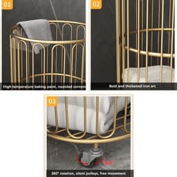 Wasmand met wielen - Rollende mand - Vuile kleding sorteren - Duurzame metalen constructie - Rond formaat - Goud — thumbnail 3