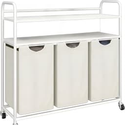 Wasmand – Voor Badkamer & Wasruimte – 3 Compartimenten (3×46L) met 2 Planken, Uitschuifbare Waszak – Ivoor — thumbnail 1