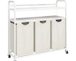 Wasmand – Voor Badkamer & Wasruimte – 3 Compartimenten (3×46L) met 2 Planken, Uitschuifbare Waszak – Ivoor