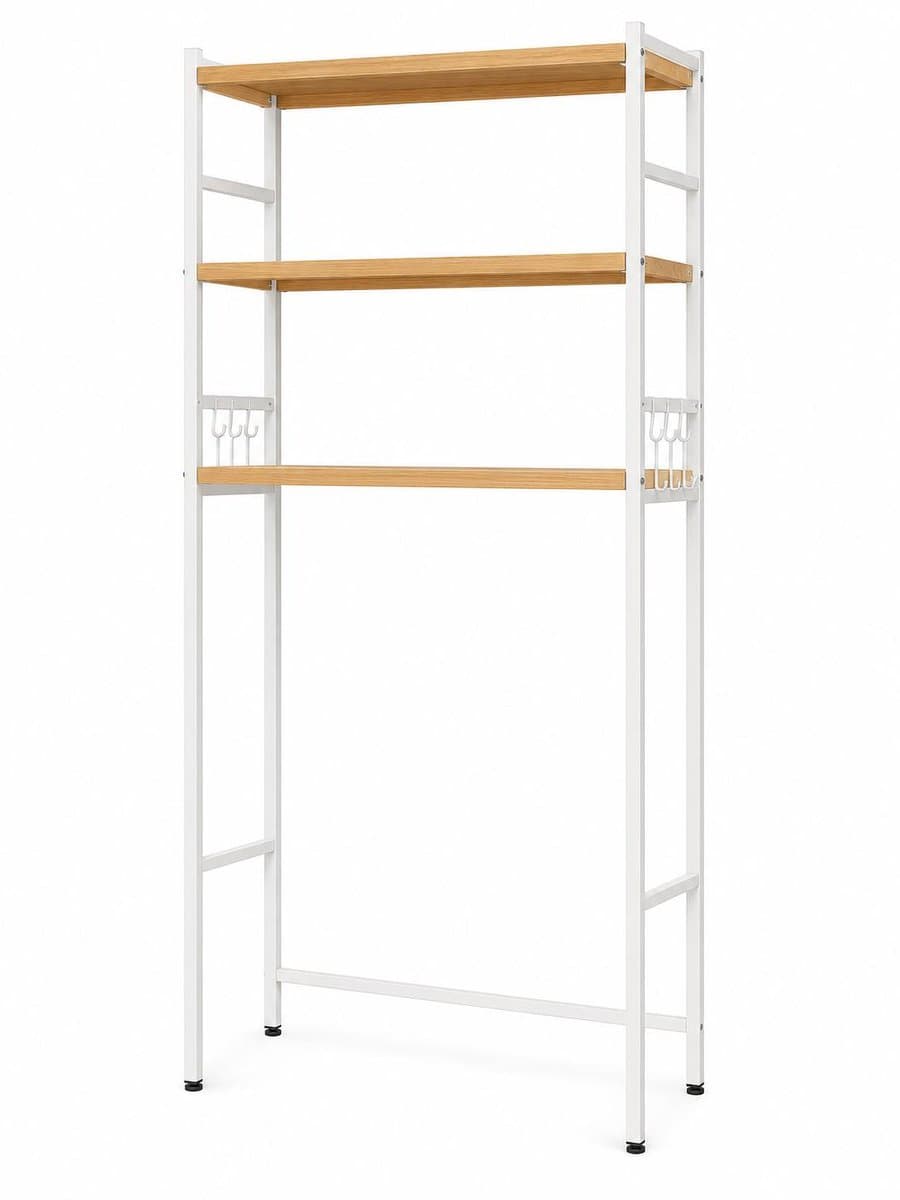 Wasmachine Opbergrek 3-Laags met Haken - Badkamer Organizer - Wasmachinekast - 65 x 26 x 160 cm - Wit Hout — afbeelding 1